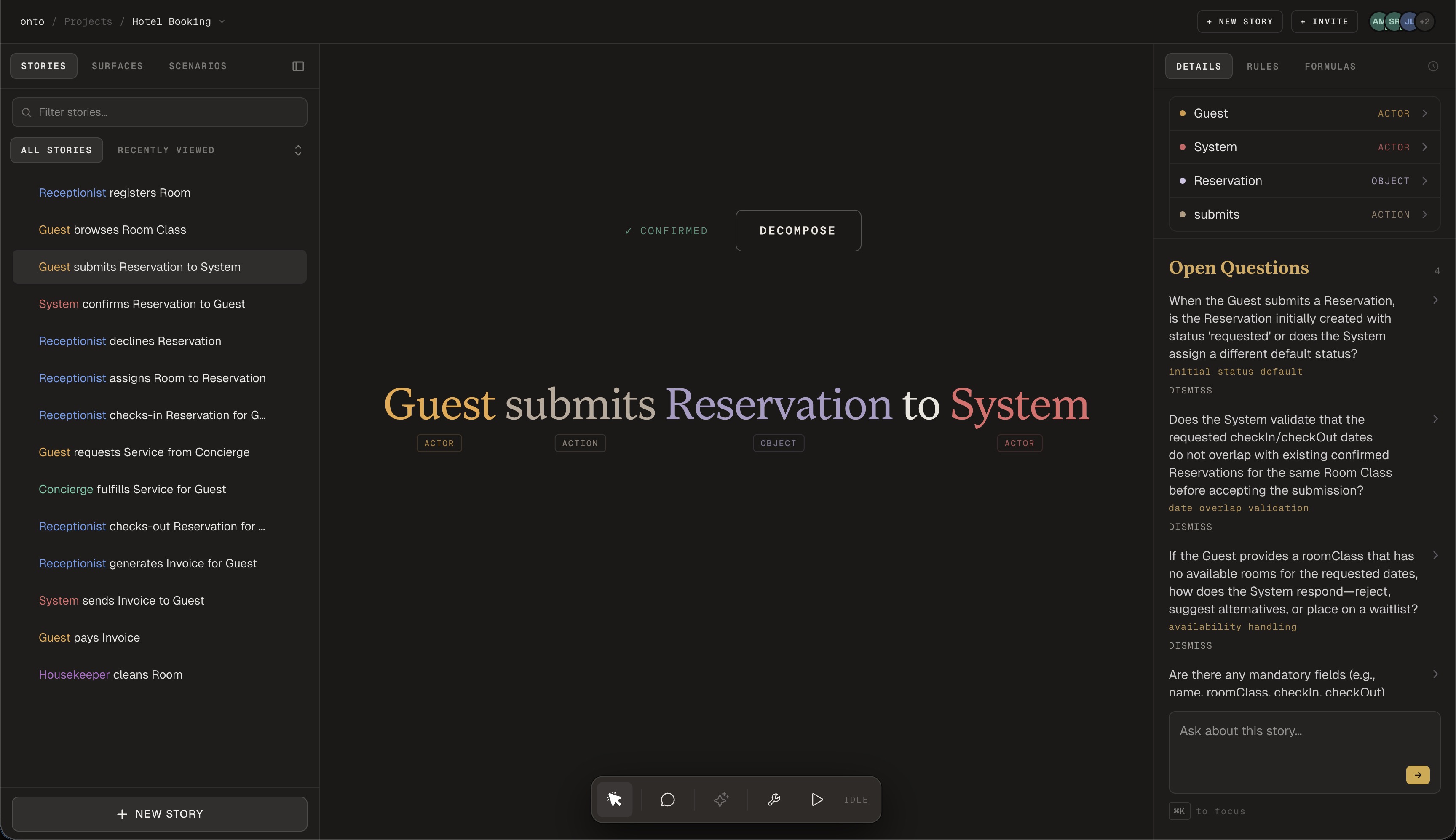 The Onto app story view — a sentence tagged Actor, Action, Object, beside a list of open questions